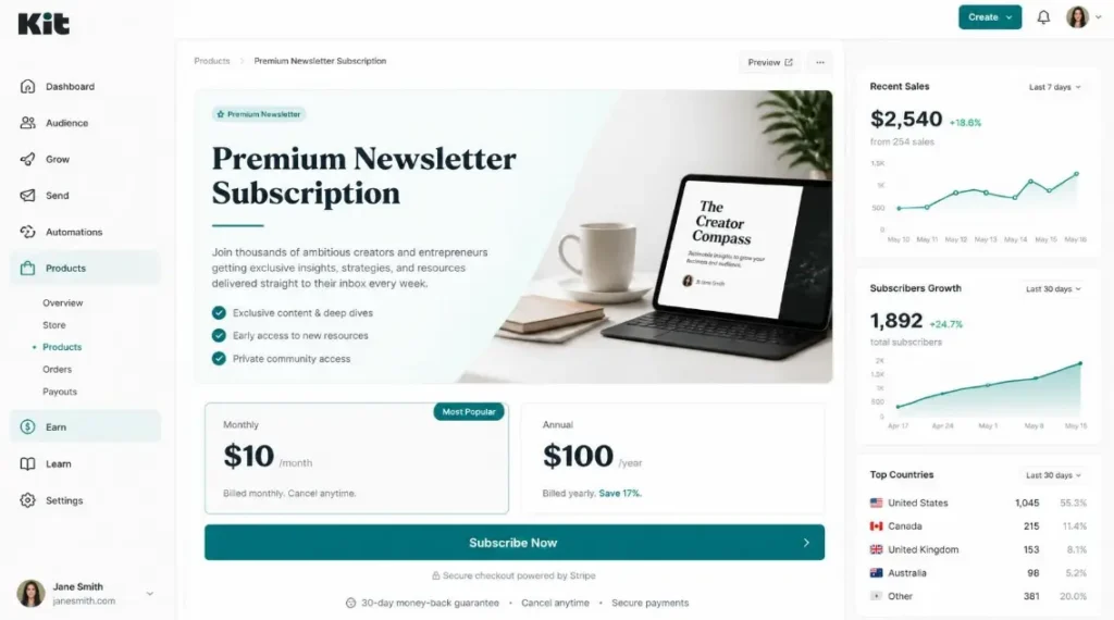 Kit paid newsletter landing page screenshot