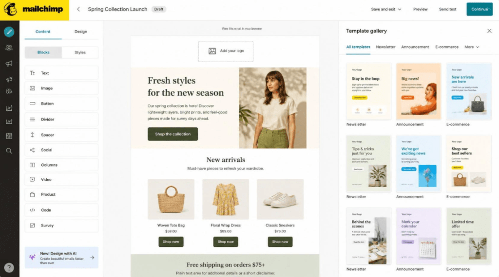 Mailchimp email drag and drop editor with template gallery sidebar screenshot