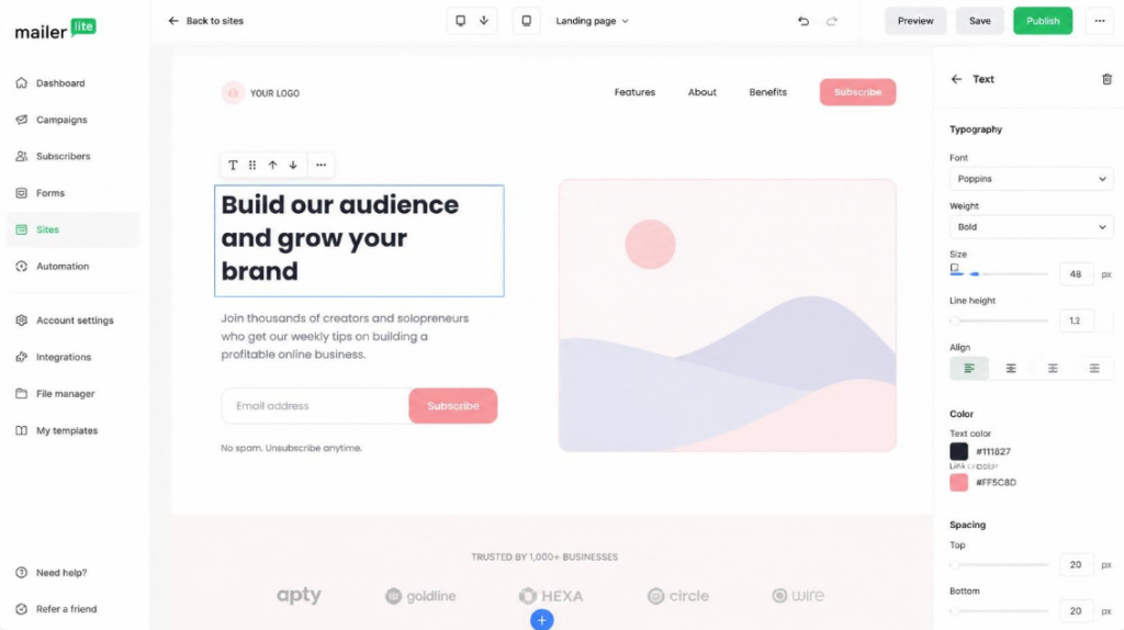 MailerLite landing page builder