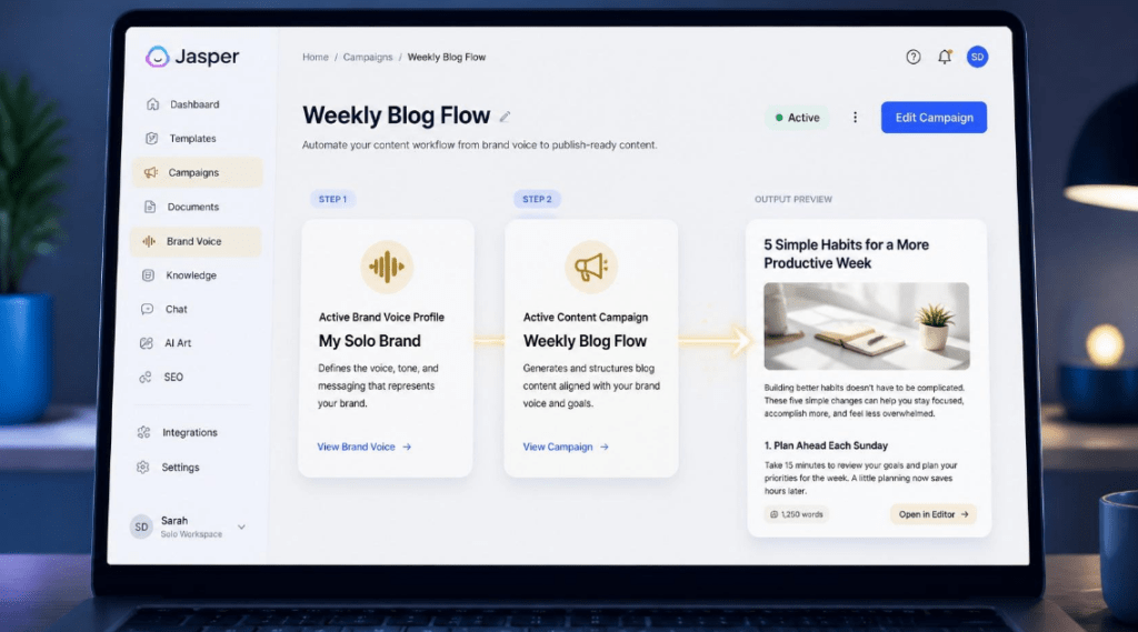 Jasper AI content automation tool for solopreneurs dashboard