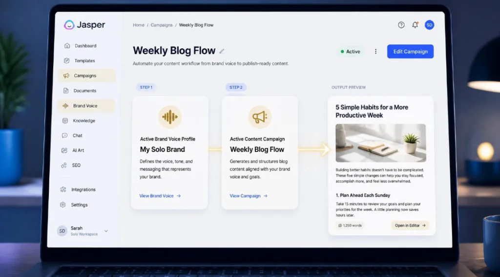 Jasper AI content automation tool for solopreneurs dashboard