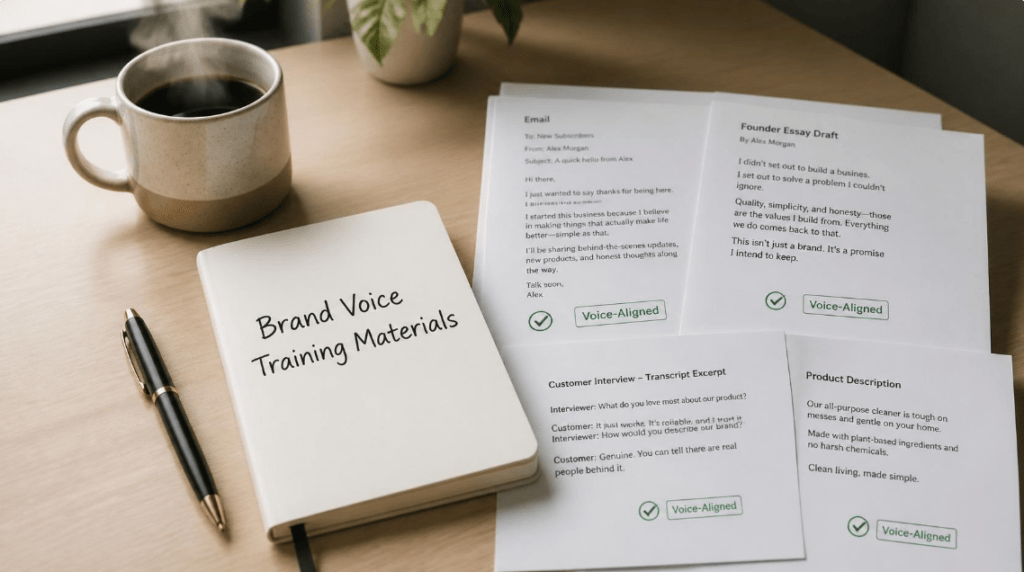 Brand voice training materials and sample documents for Jasper AI setup