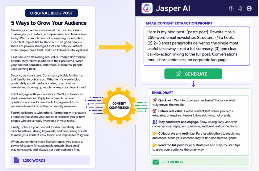 Jasper AI workflow: 1,200-word blog post to 250-word email draft via Content Compression