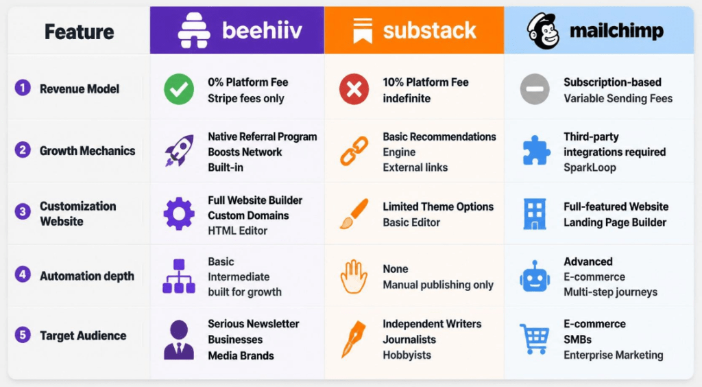 Beehiiv vs Substack vs Mailchimp feature comparison table