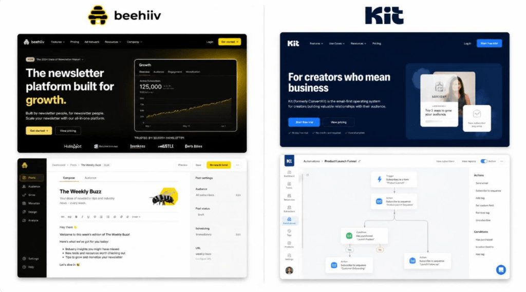 beehiiv vs kit interface and dashboard comparison
