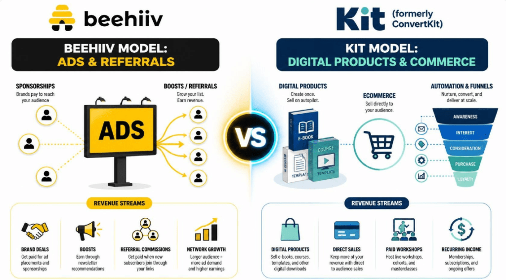 beehiiv vs convertkit kit monetization and revenue comparison