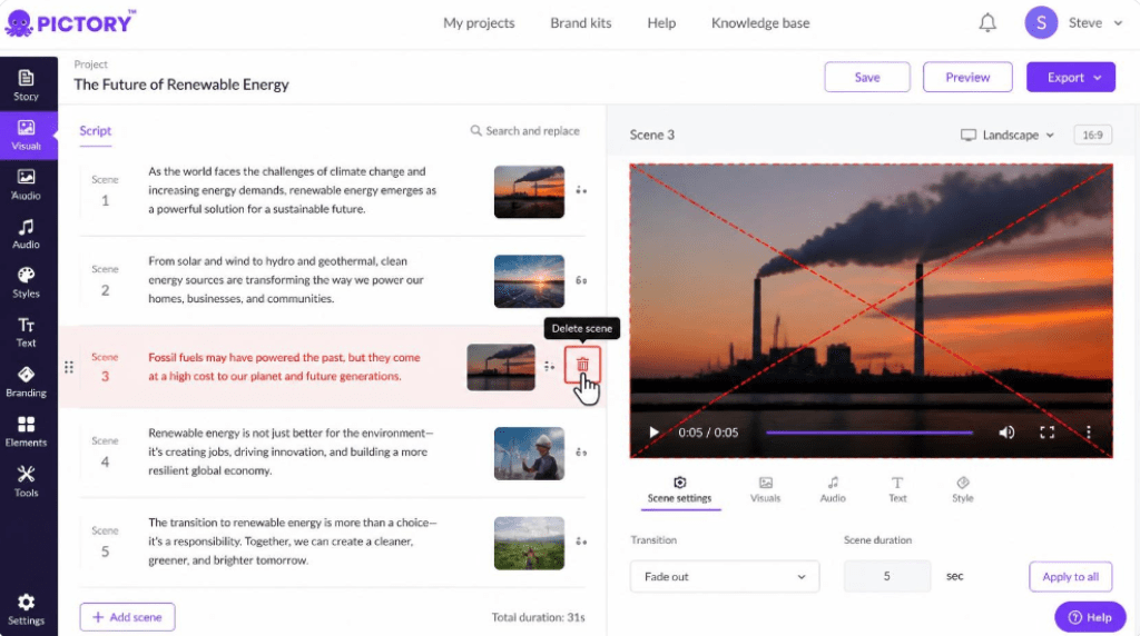 Pictory AI Review text editor workspace and scene deletion feature