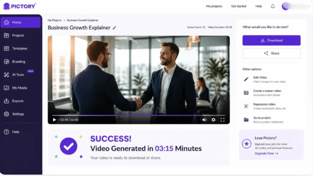 Pictory AI Review video generation success screen and download options