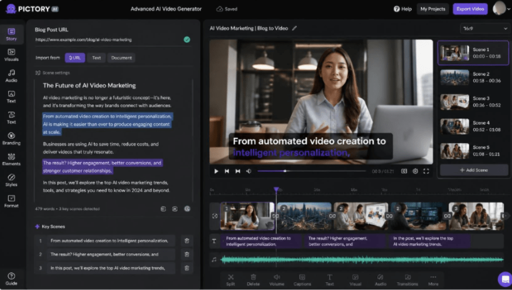 Pictory AI blog to video editor interface dashboard showing text-to-video automation workflow