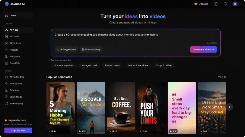 InVideo AI prompt input screen and popular social media video templates dashboard