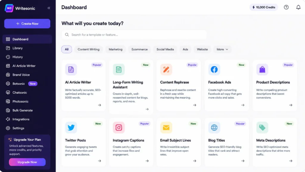 Writesonic dashboard