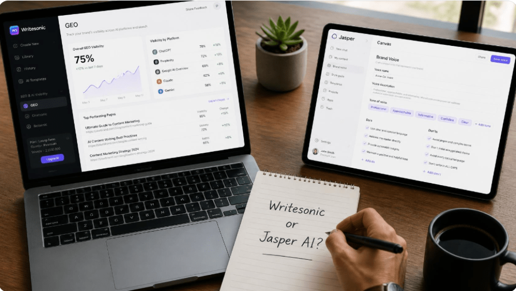 Writesonic vs Jasper AI comparison thumbnail showing a scale balancing content speed, GEO optimization, and brand voice consistency.
