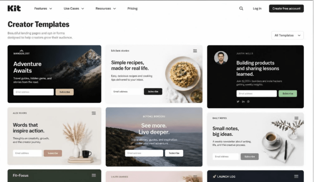 Kit landing page templates and subscriber opt-in forms for creators