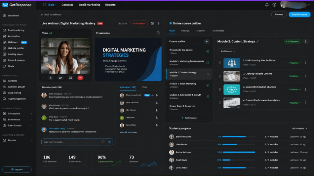 GetResponse webinar and online course builder interface