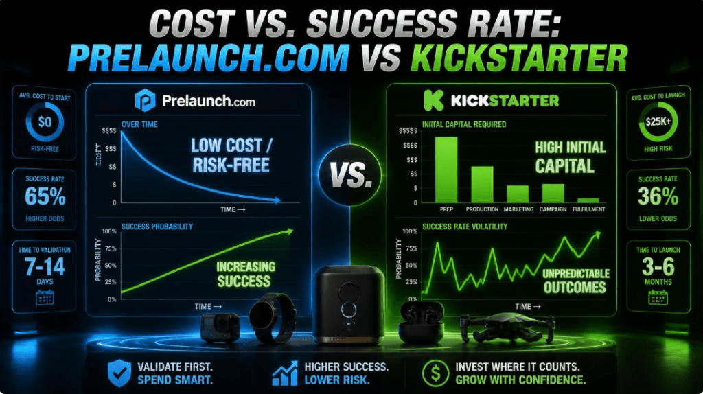 Prelaunch.com vs Kickstarter cost and success rate comparison chart