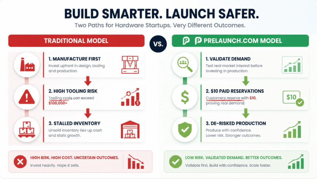 Prelaunch.com comparison infographic of traditional manufacturing versus pre-launch demand validation