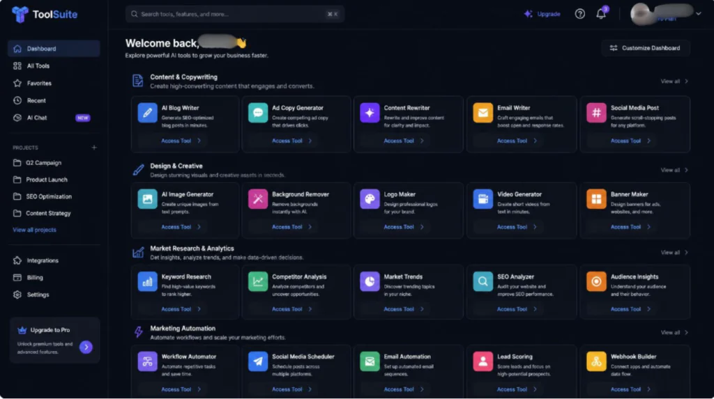 ToolSuite dashboard interface showing categorized AI and marketing tools