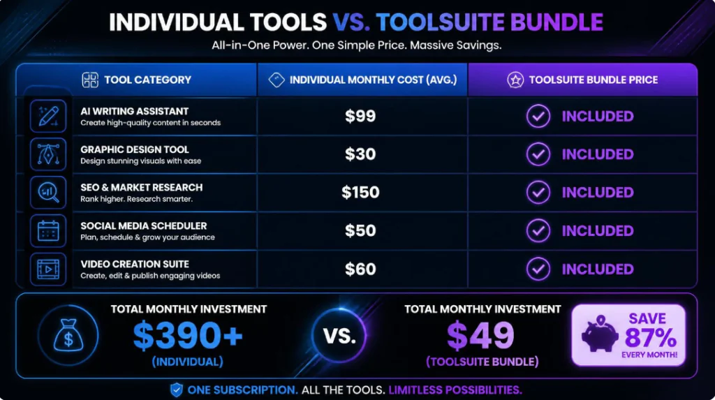 ToolSuite pricing comparison table showing individual costs versus bundle savings