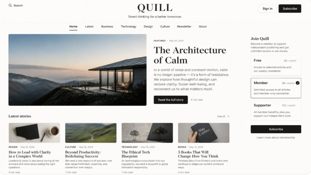 Ghost platform minimalist digital publication homepage with membership tiers and blog layout.
