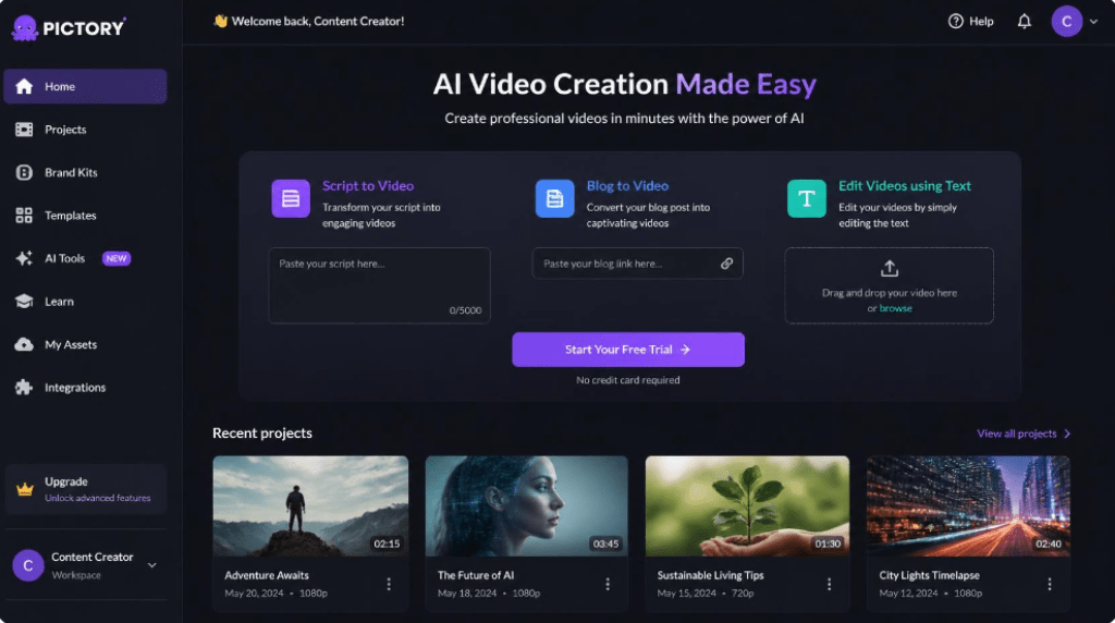 Pictory AI Review interface and home dashboard
