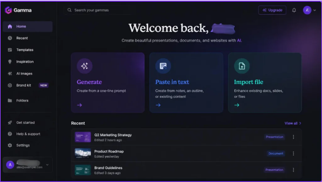 gamma app dashboard interface ai presentation generator