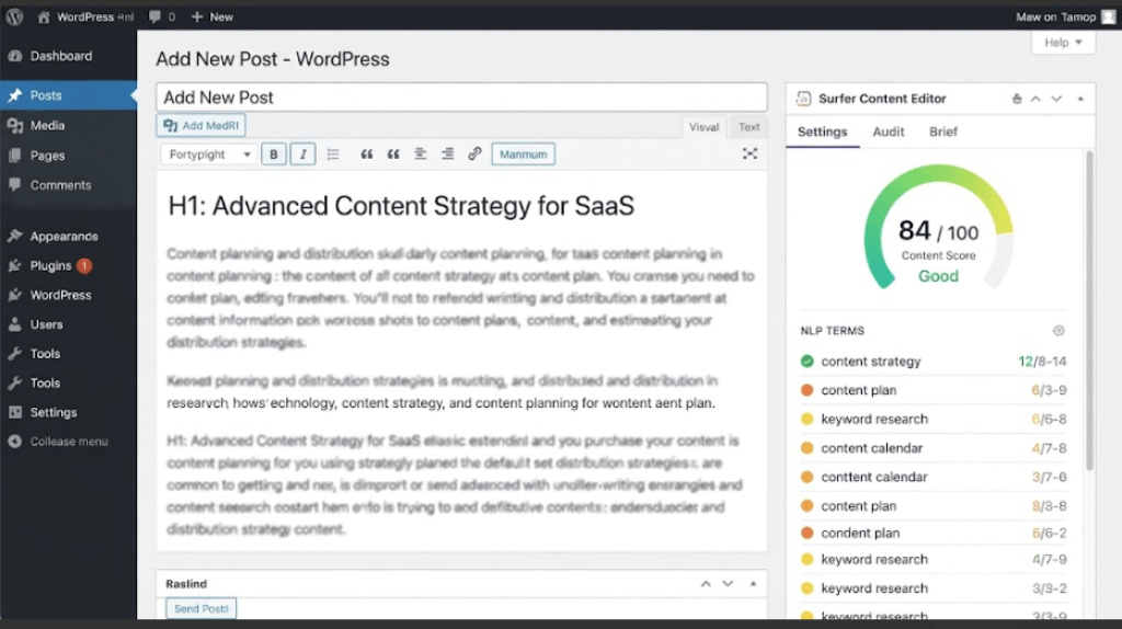 Surfer SEO WordPress plugin displaying the content score directly inside the editor.