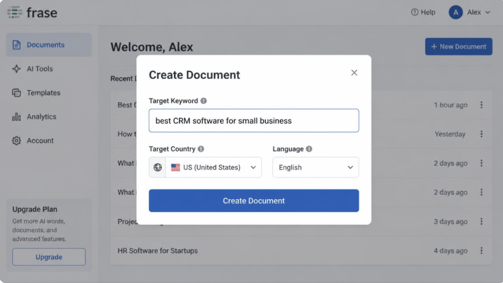 Frase.io 'Create Document' modal window showing target keyword input field with 'best CRM software for small business' and target country and language selectors.
