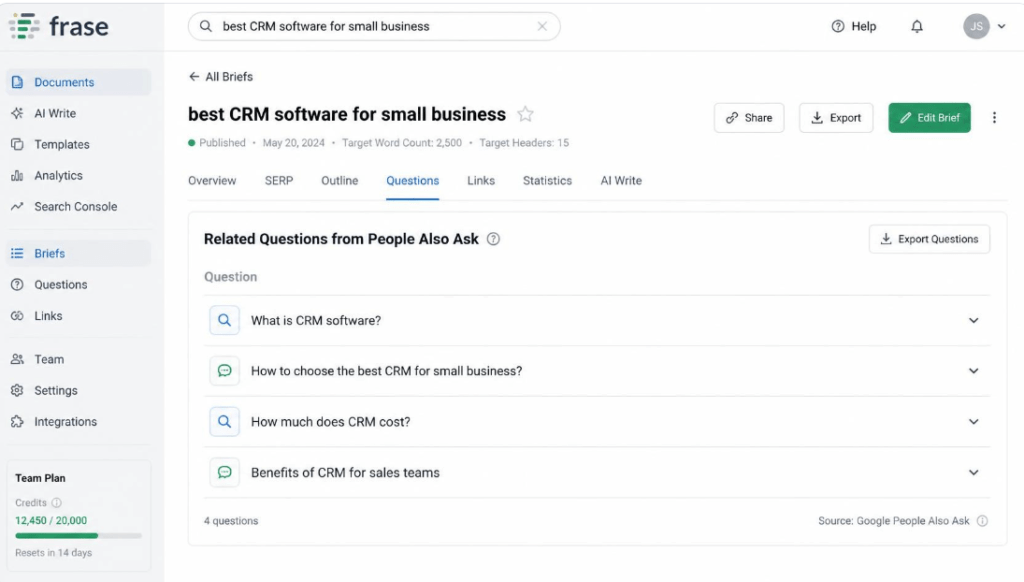 Frase.io 'Questions' tab showing related search queries from Google People Also Ask.