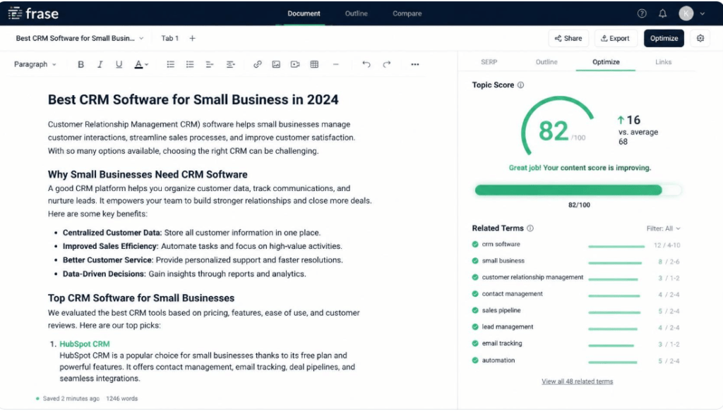 "Frase.io editor showing content optimization with a Topic Score of 82