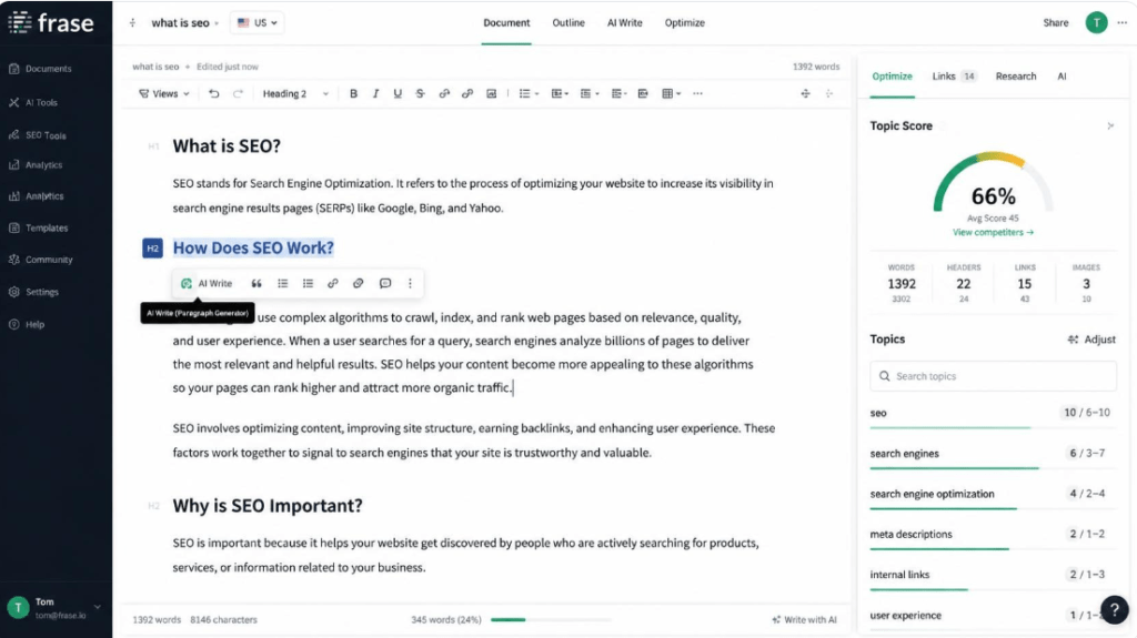 Frase.io content editor interface showing the AI Write feature pop-up next to an H2 heading and a Topic Score panel on the right.