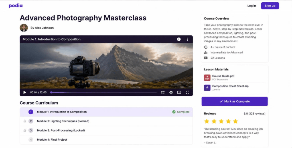 Podia online course interface example showing curriculum and video player