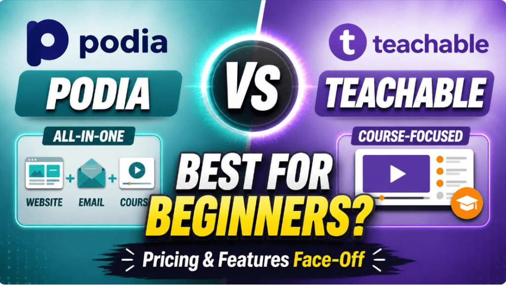 Podia vs Teachable for beginners comparison thumbnail showing key features and pricing face-off