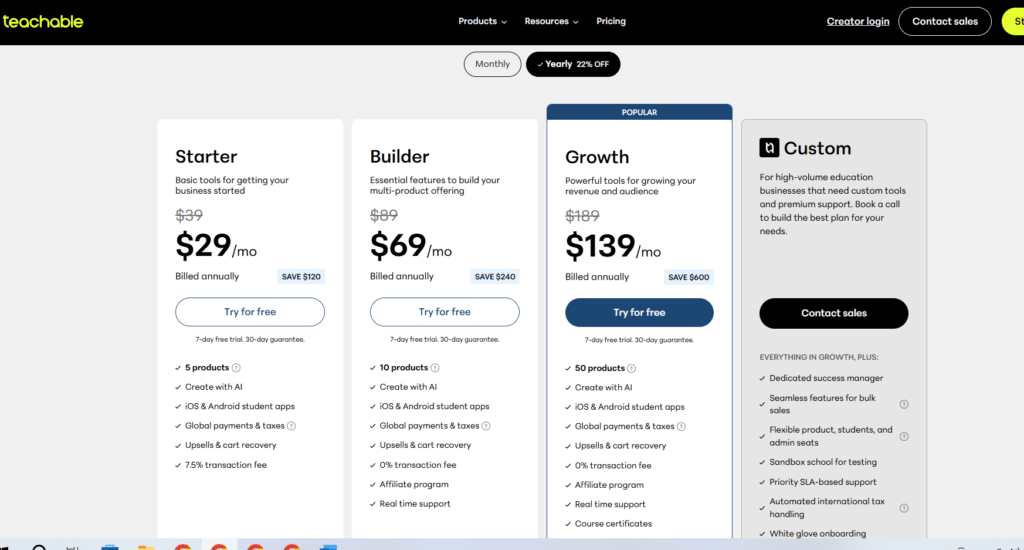 Teachable pricing plans screenshot showing Starter, Builder, Growth, and Custom tiers in 2026