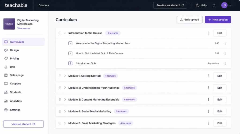 Teachable course builder interface screenshot showing curriculum modules and lecture lists