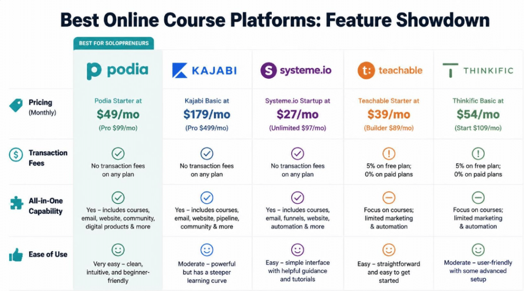 Best online course platforms feature and pricing comparison chart highlighting Podia