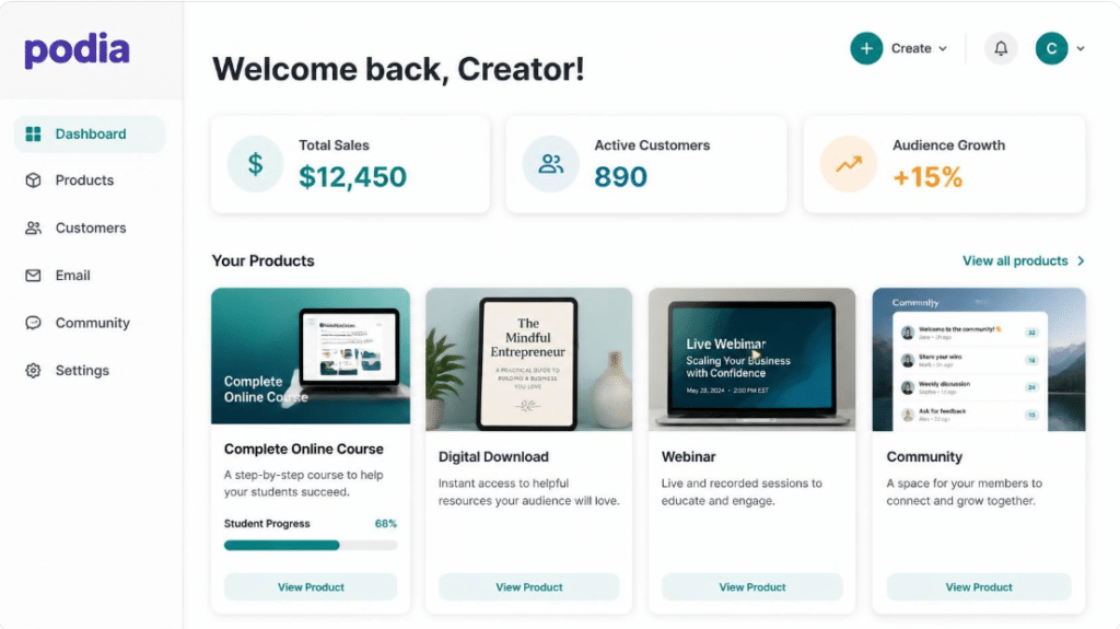 Podia all-in-one dashboard interface showing online courses, digital downloads, and community products