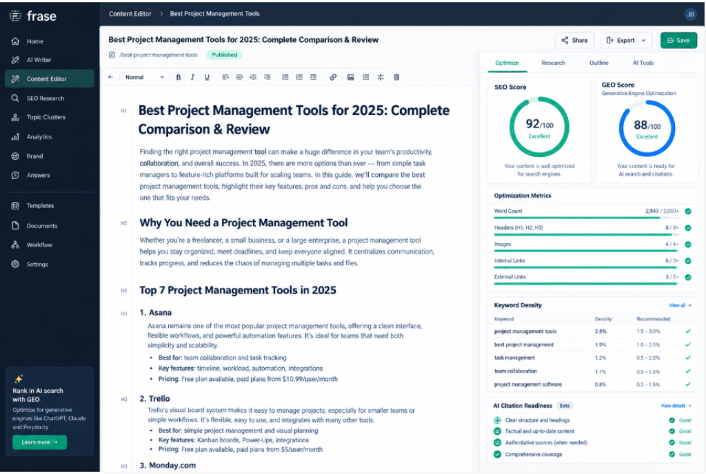 Frase.io editor interface showing dual SEO and GEO scores, word count, and AI citation readiness.
