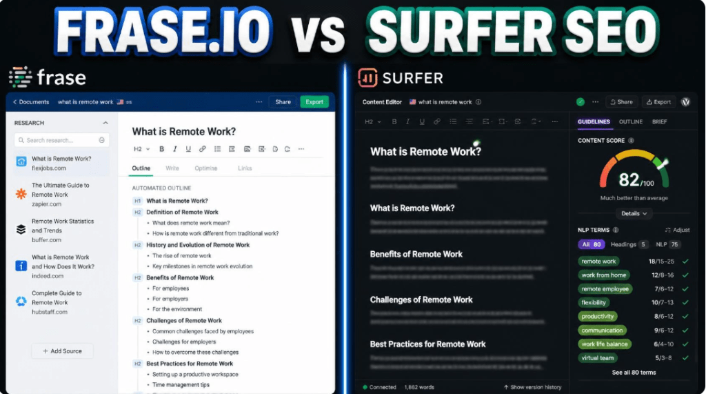 Screenshot comparing the user interfaces of Frase.io and Surfer SEO