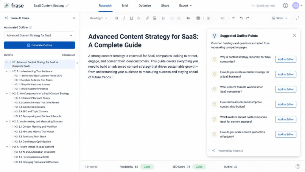 Frase.io AI editor interface showing automated outline generation and suggested content points.