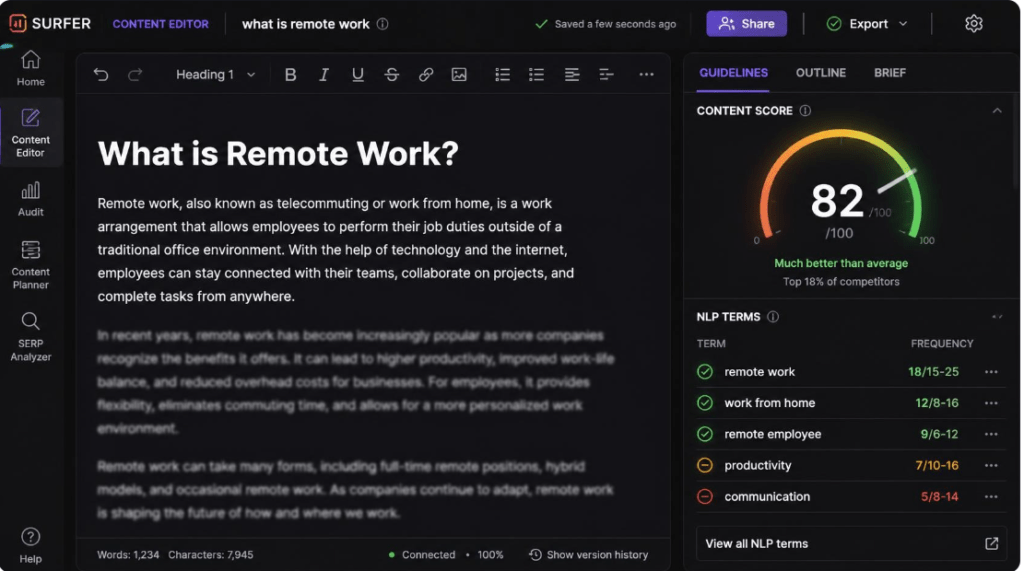 Surfer Content Editor interface showing real-time content score and NLP terms.